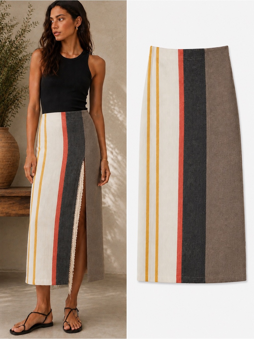 Zara NWT Striped Fringe Slit Midi Skirt Size XS Cotton Blend - Picture 11 of 11